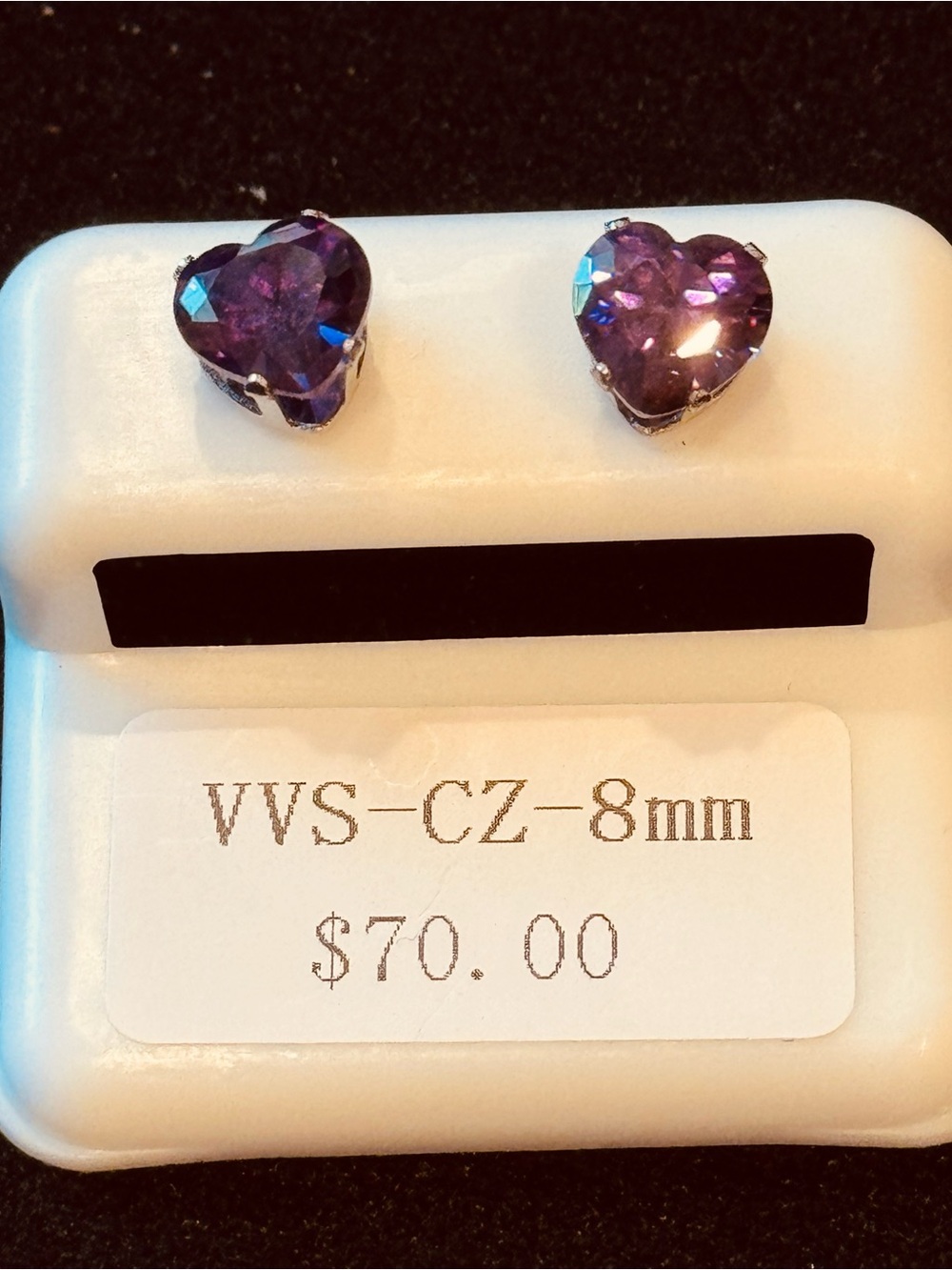 Heart-Shaped Purple VVS Cubic Zirconia Stud Earrings - 8mm NWT